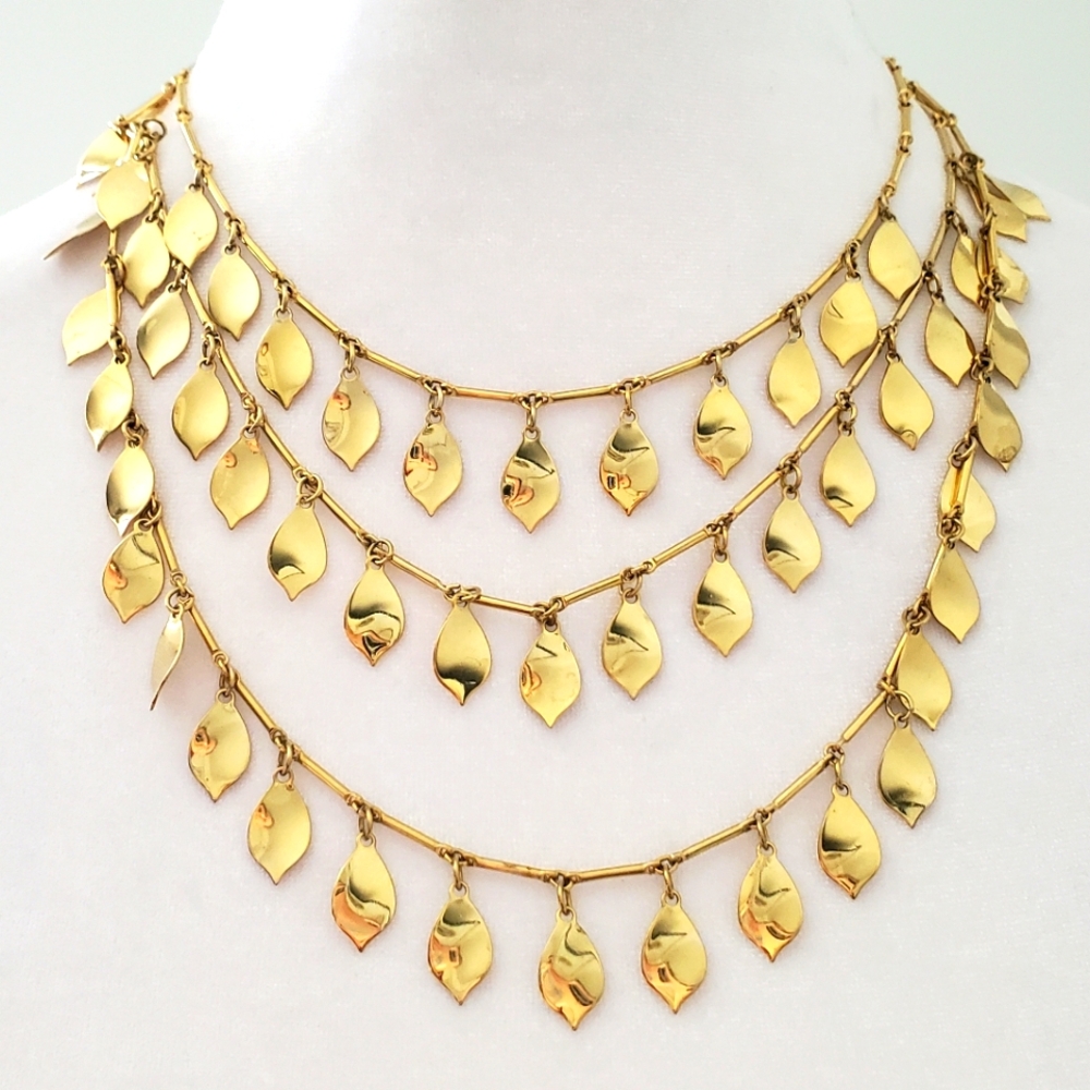 Vtg VENDOME Gold Tiered Bib Statement Necklace Falling Leaves Bar Chain Links